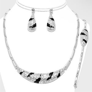 3 Piece Silver Black Zebra Rhinestone Necklace Set Stripes Statement Jewelry